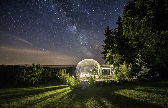 Schlafen wie in einer Seifenblase – der Natur nah und doch vor den Elementen geschützt. Das kann man in den Himmelbetten des Thurgauer Bubble-Hotels. Seine «Zimmer» sind über den Kanton verteilt. (Bilder ZVG)