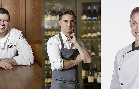 Christoph Hunziker, Florian Bettschen und Alexandra Knutti kochen in der Kocharena des Schweizer Kochverbands skv an der Igeho zum Thema «Wettkampf, mein Leben». (Christoph Läser / ZVG)